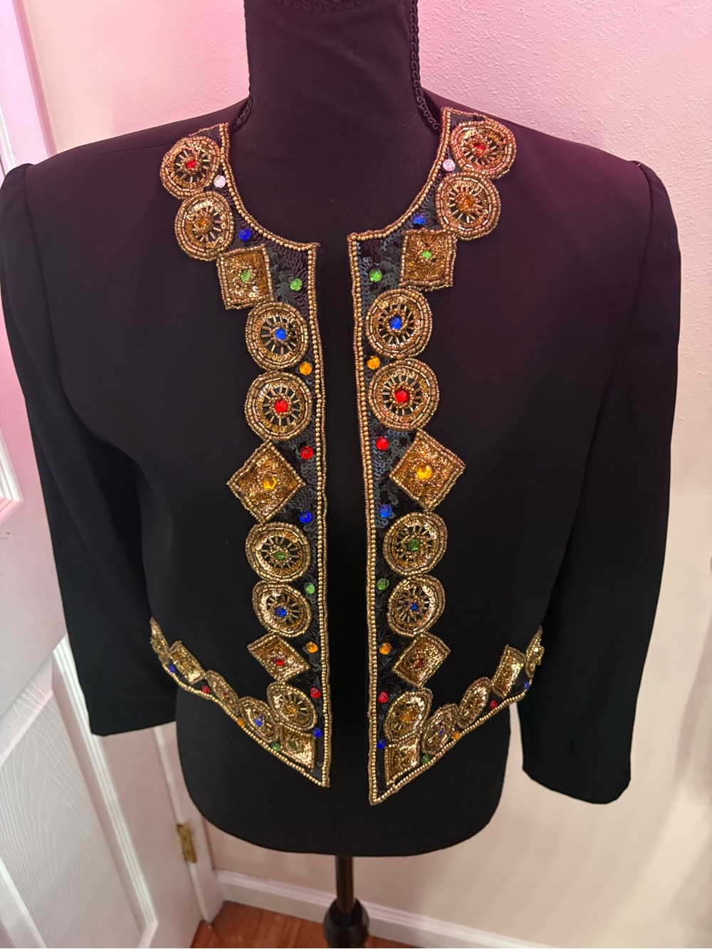 Vintage opalis Black Beaded Evening Blazer with Jewel Trim